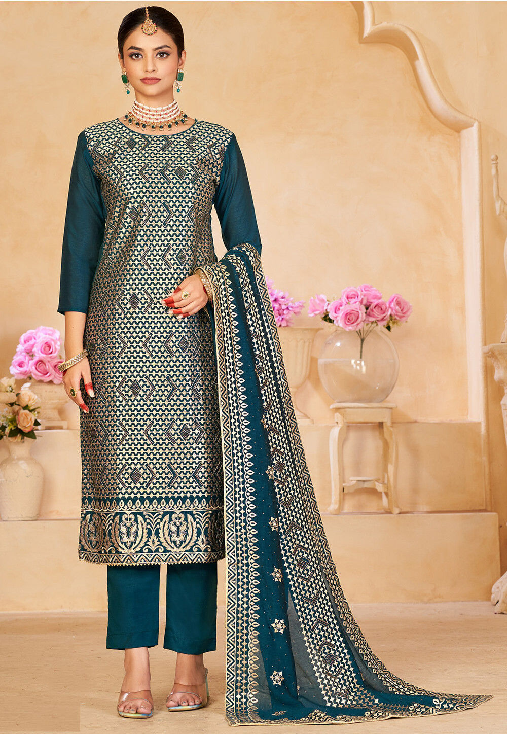 Teal Premium Silk Pant Pakistani Suit main image 1