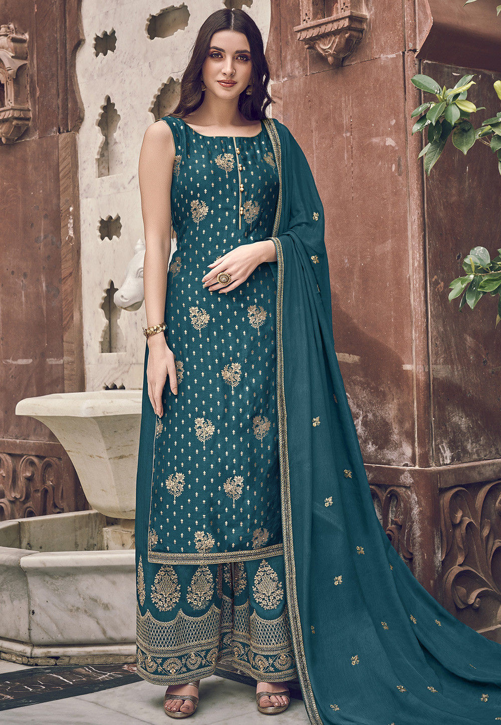 Embroidered Art Silk Pakistani Suit in Teal Blue : KPV457