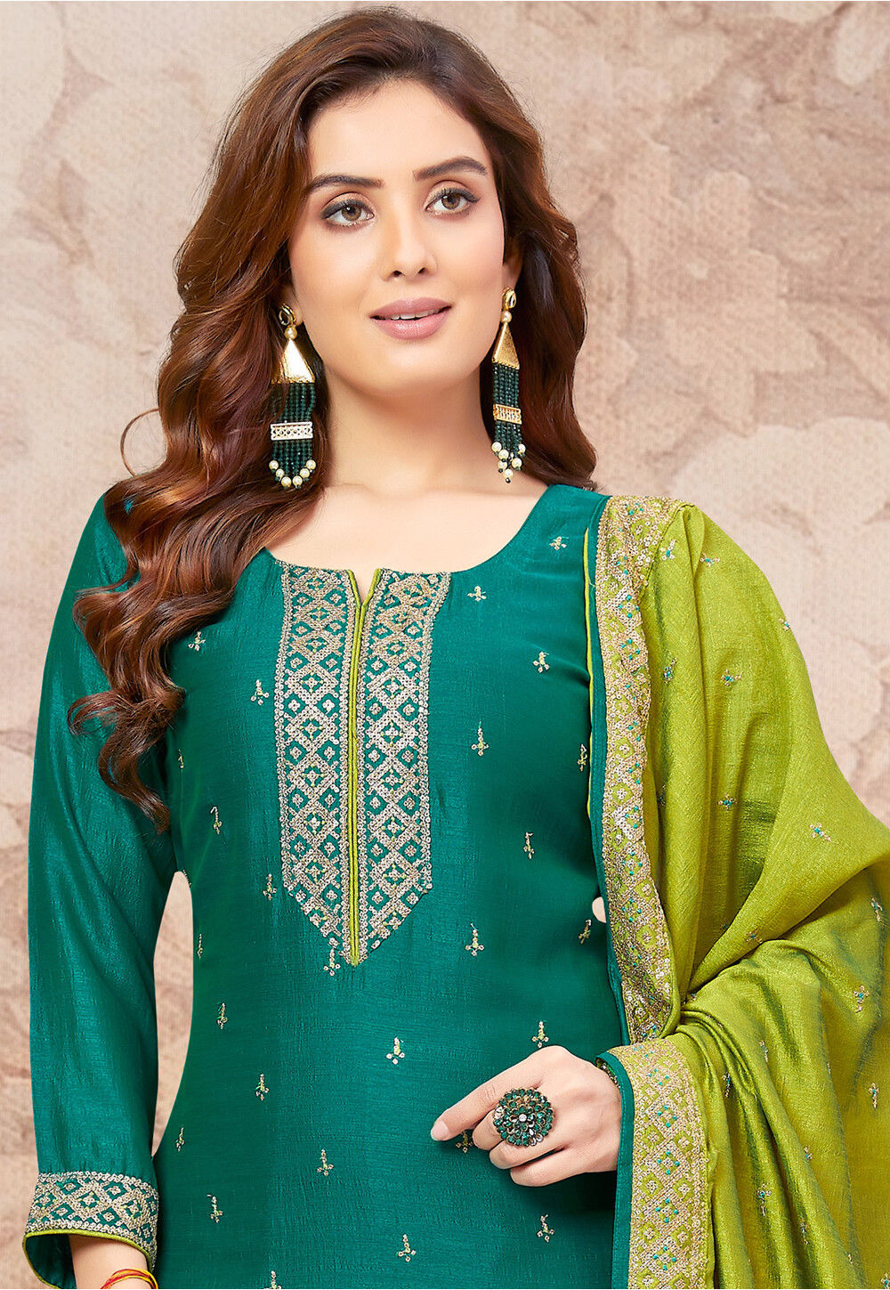 Embroidered Art Silk Pakistani Suit in Teal Green : KGZT5142