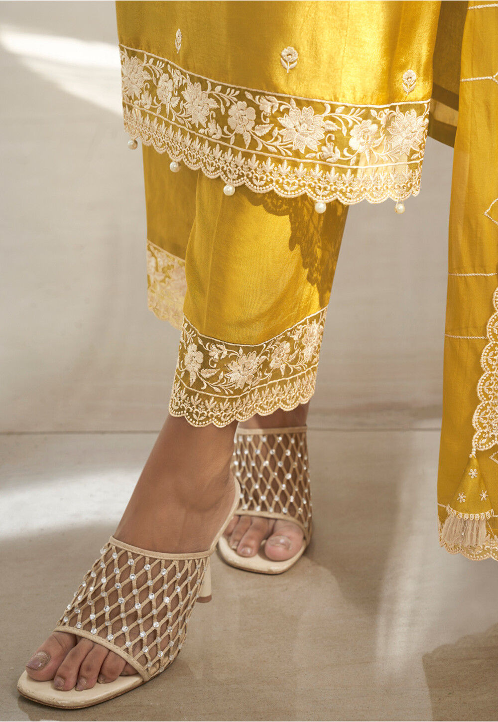 Sadabahar Silk Suit Set Embroidered- Yellow
