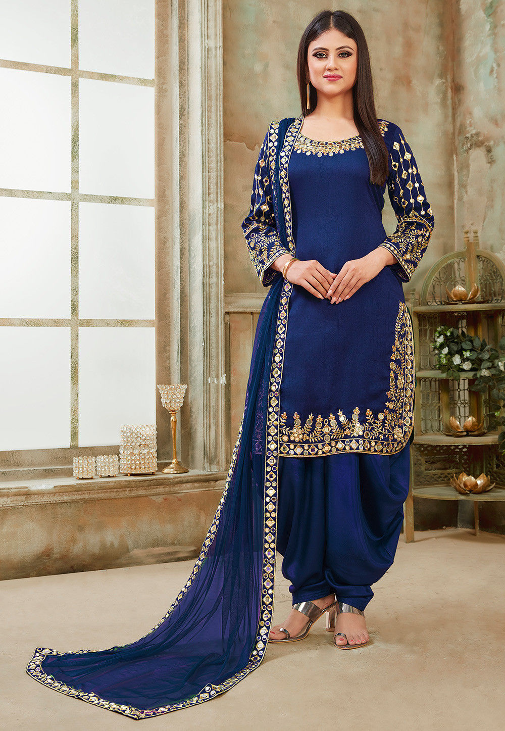 Buy Embroidered Art Silk Punjabi Suit in Dark Blue Online : KCH3734 ...