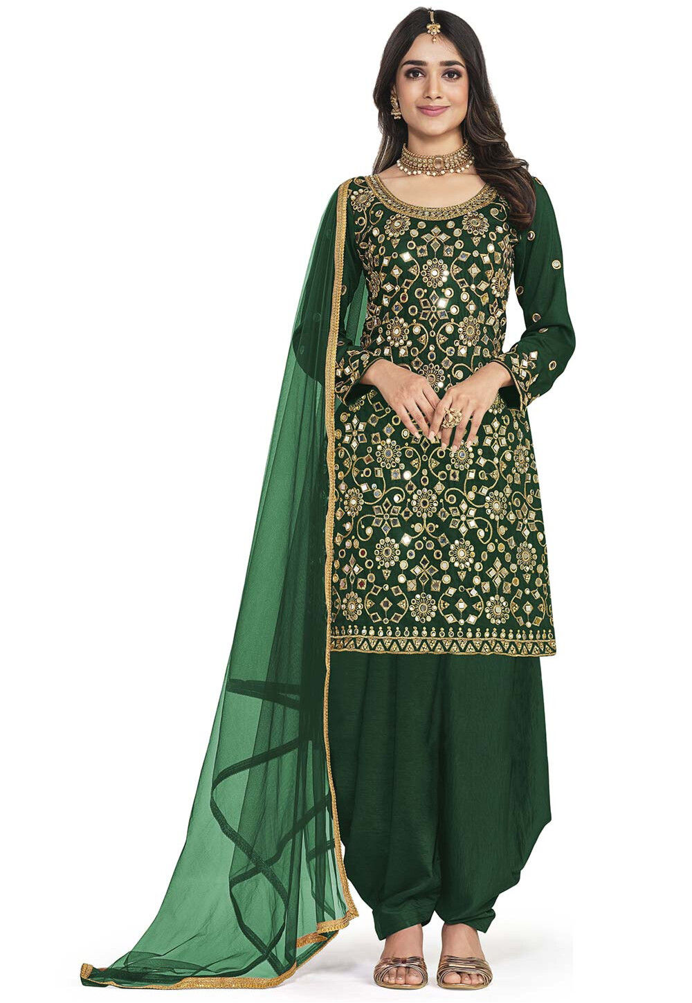 Embroidered Art Silk Punjabi Suit in Dark Green : KJC2228