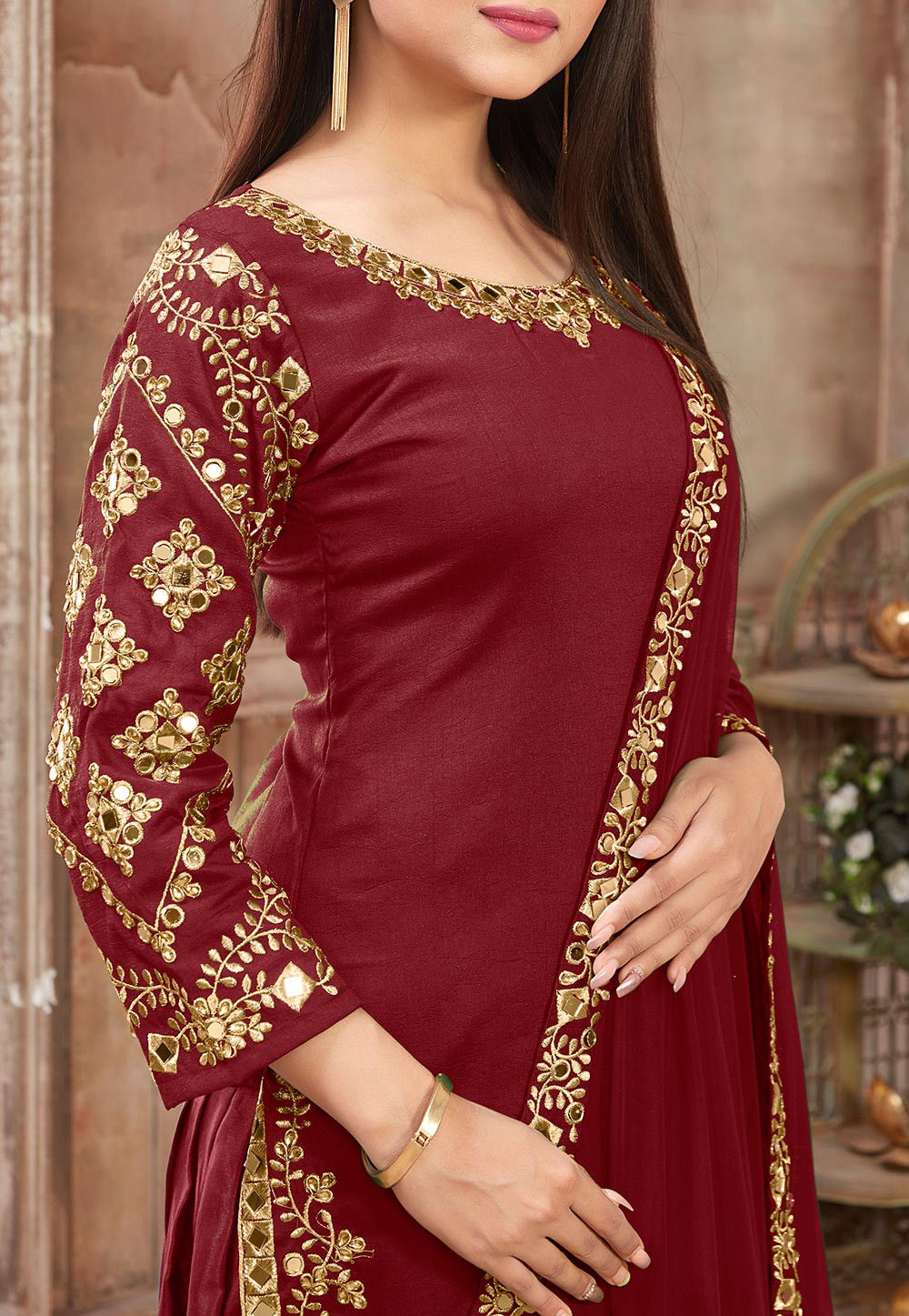 Buy Embroidered Art Silk Punjabi Suit In Maroon Online Kch3653 Utsav Fashion 