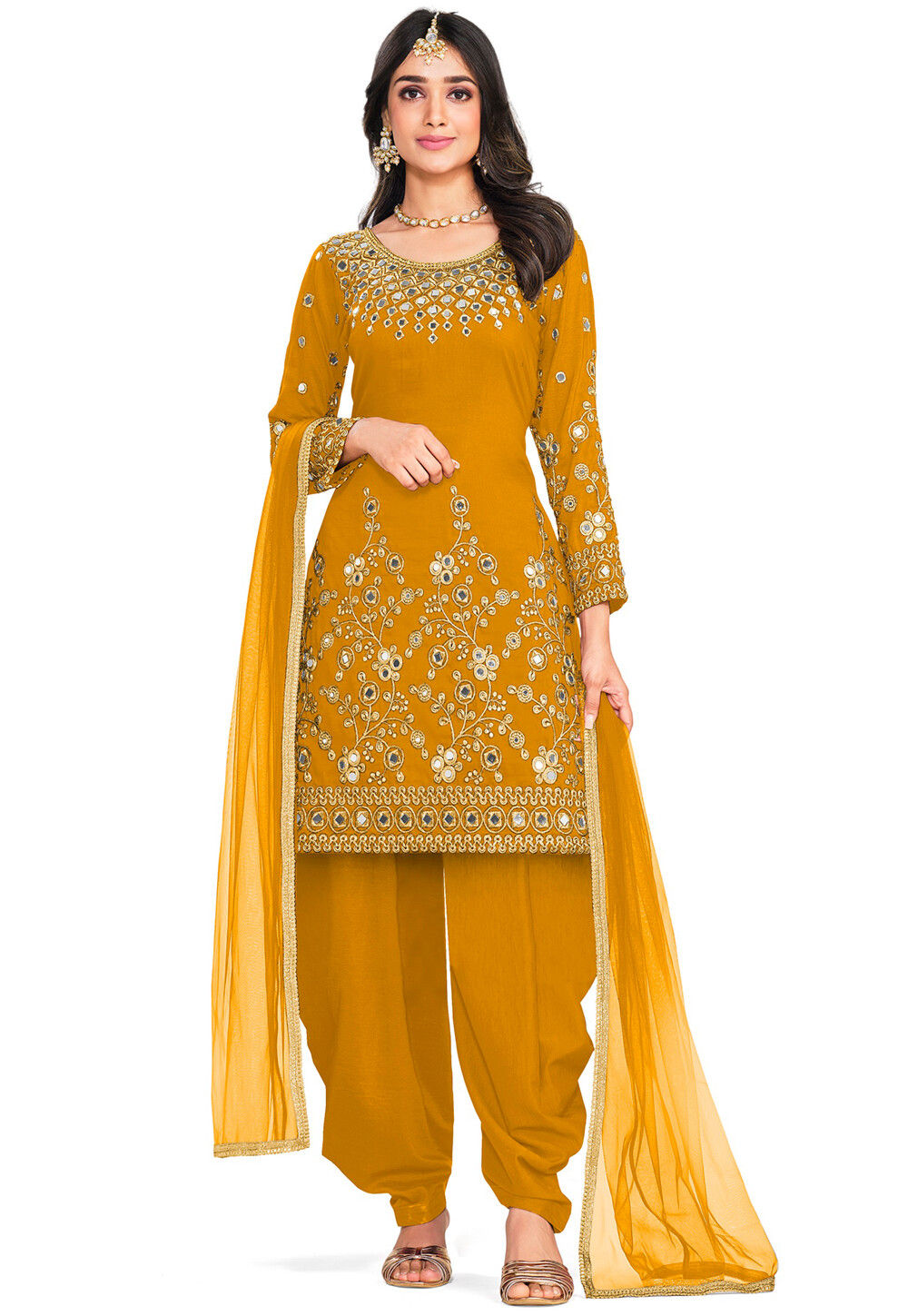 Embroidered Art Silk Punjabi Suit in Mustard : KCH10719