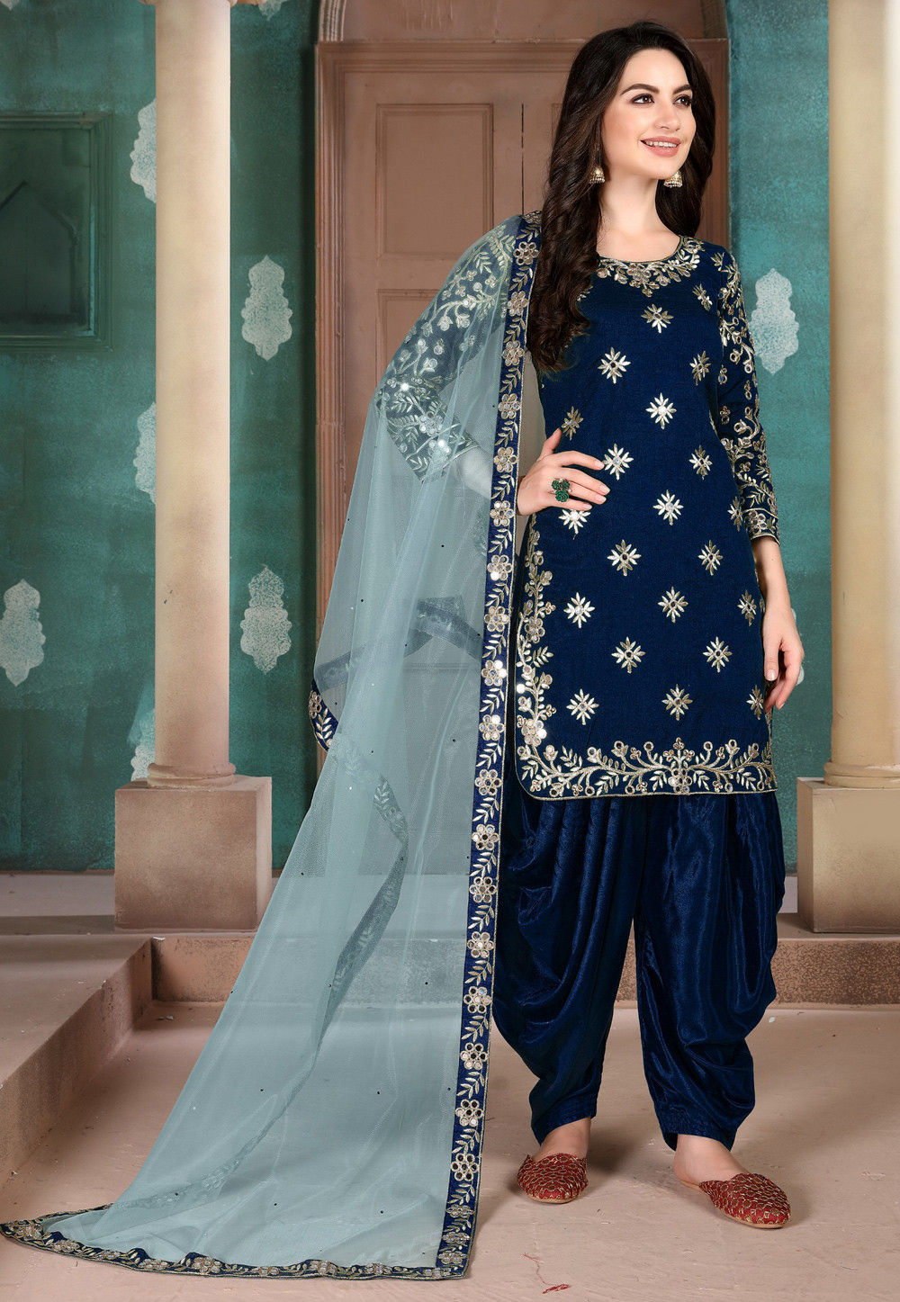 Embroidered Art Silk Punjabi Suit in Navy Blue : KCH5712