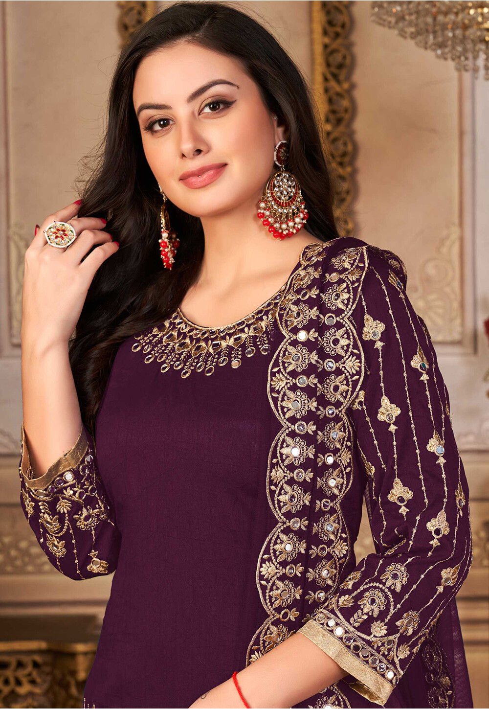 Embroidered Art Silk Punjabi Suit In Purple Kch10016 
