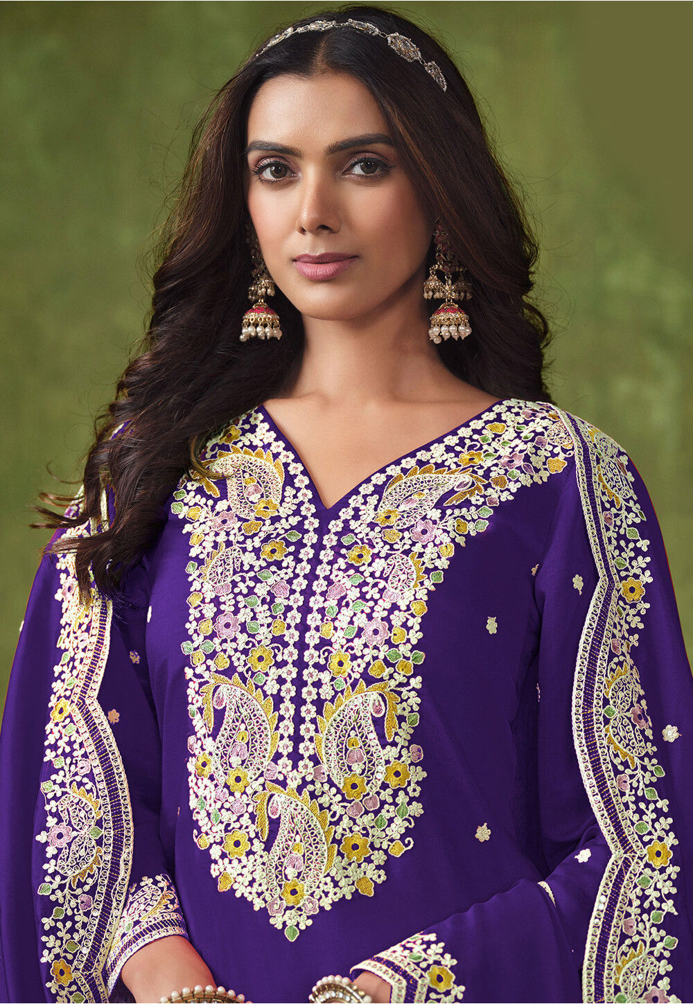 Mauve Multicolor Silk Embroidered Peplum Punjabi Style Suit main image 1