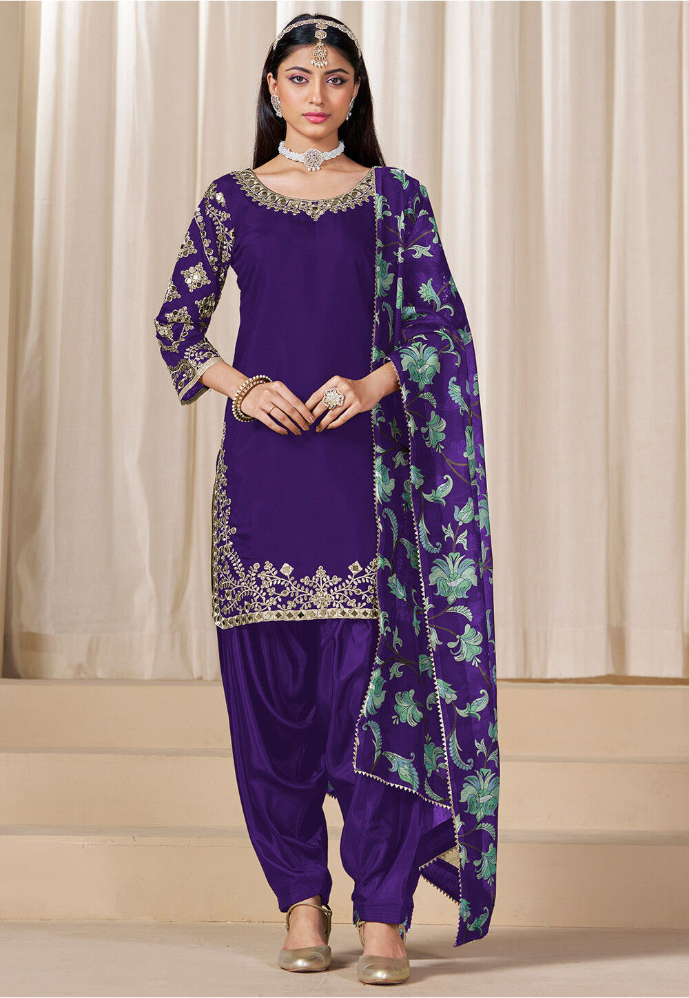 Purple Patiala Style Silk Embroidered Punjabi Salwar Suit
