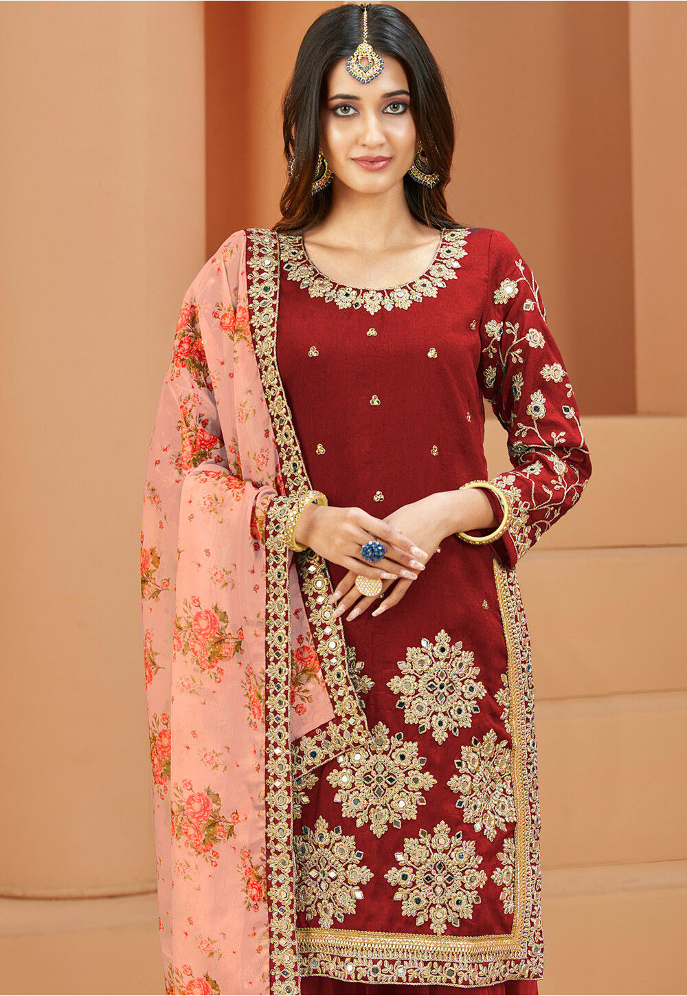 Buy Embroidered Art Silk Punjabi Suit In Red Online Kch11205 Utsav Fashion