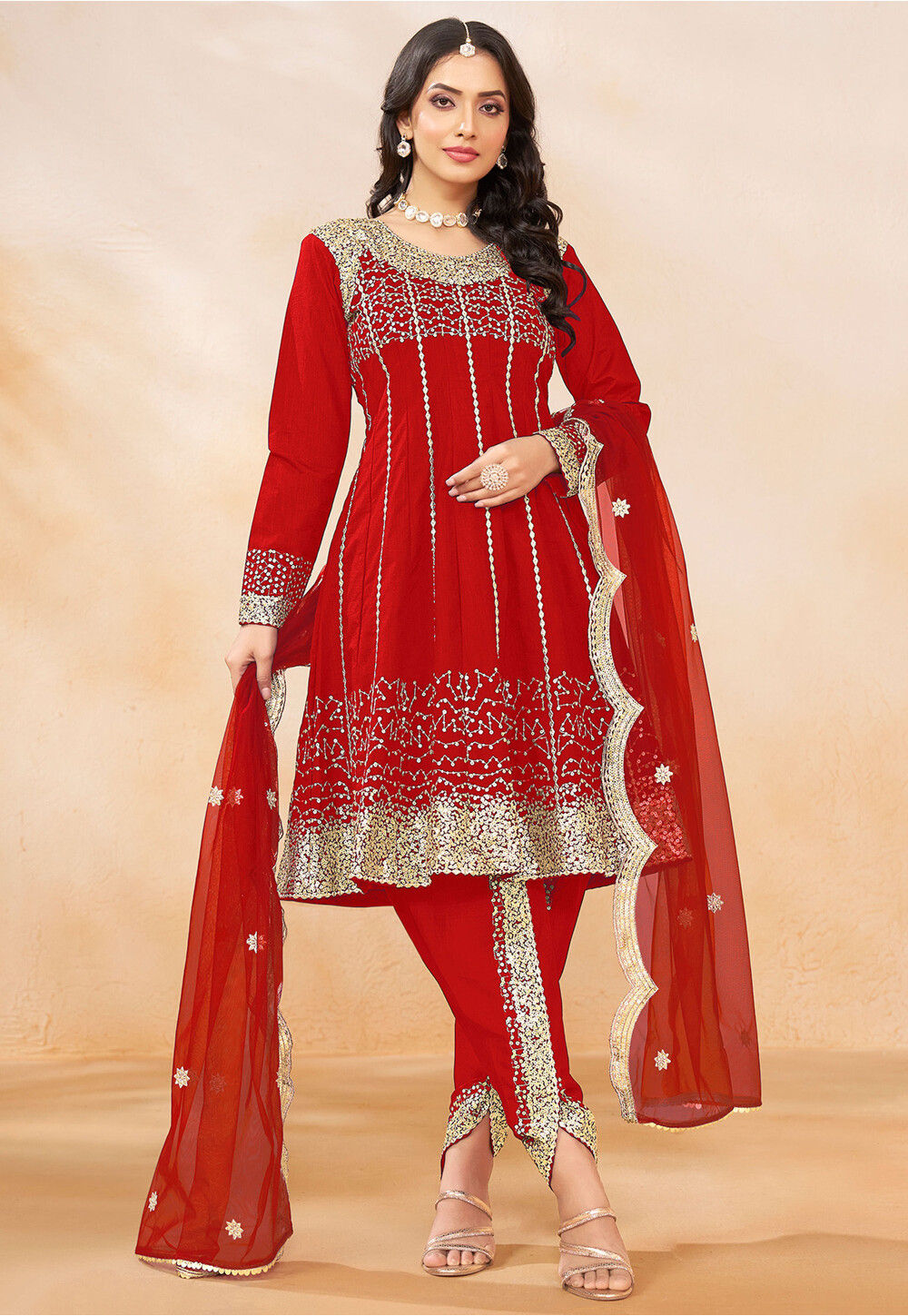 Traditional Look Bright Red Chinon Silk Punjabi Style Suit