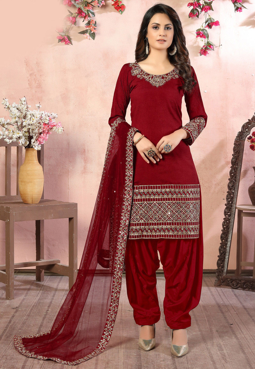 Embroidered Art Silk Punjabi Suit in Red : KCH6218