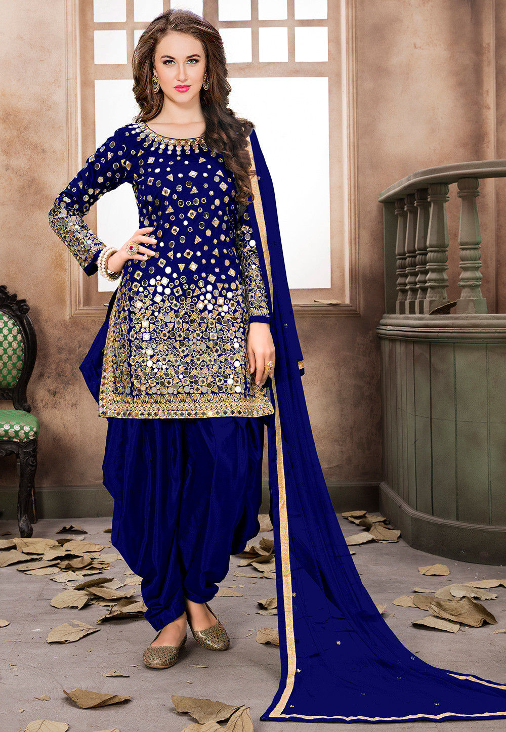 Embroidered Art Silk Punjabi Suit in Royal Blue : KCH4080