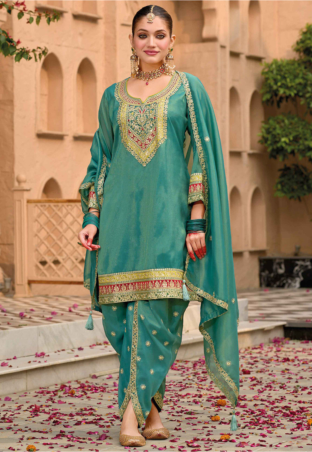 Buy Embroidered Art Silk Punjabi Suit in Teal Green Online : KCH14548 -  Utsav Fashion