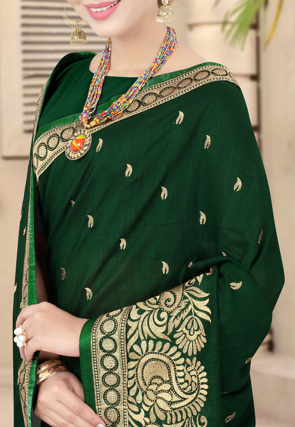 Embroidered Art Silk Saree in Dark Green : SCBA2243