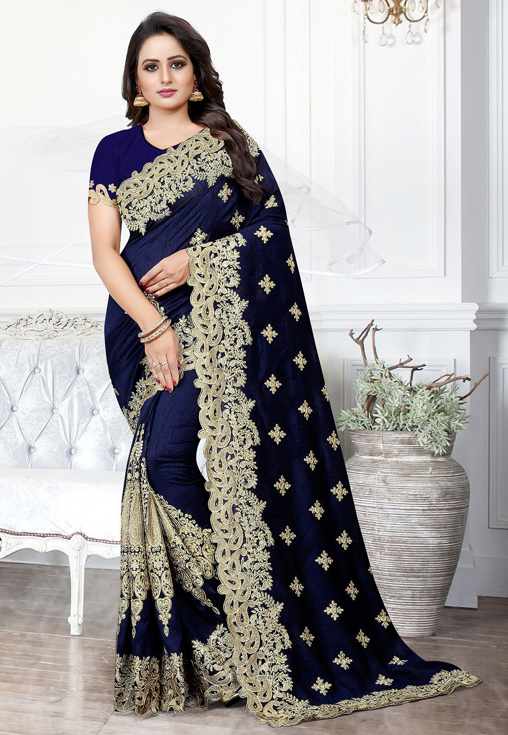 Buy Embroidered Art Silk Saree in Navy Blue Online SCBA522 Utsav Fashion