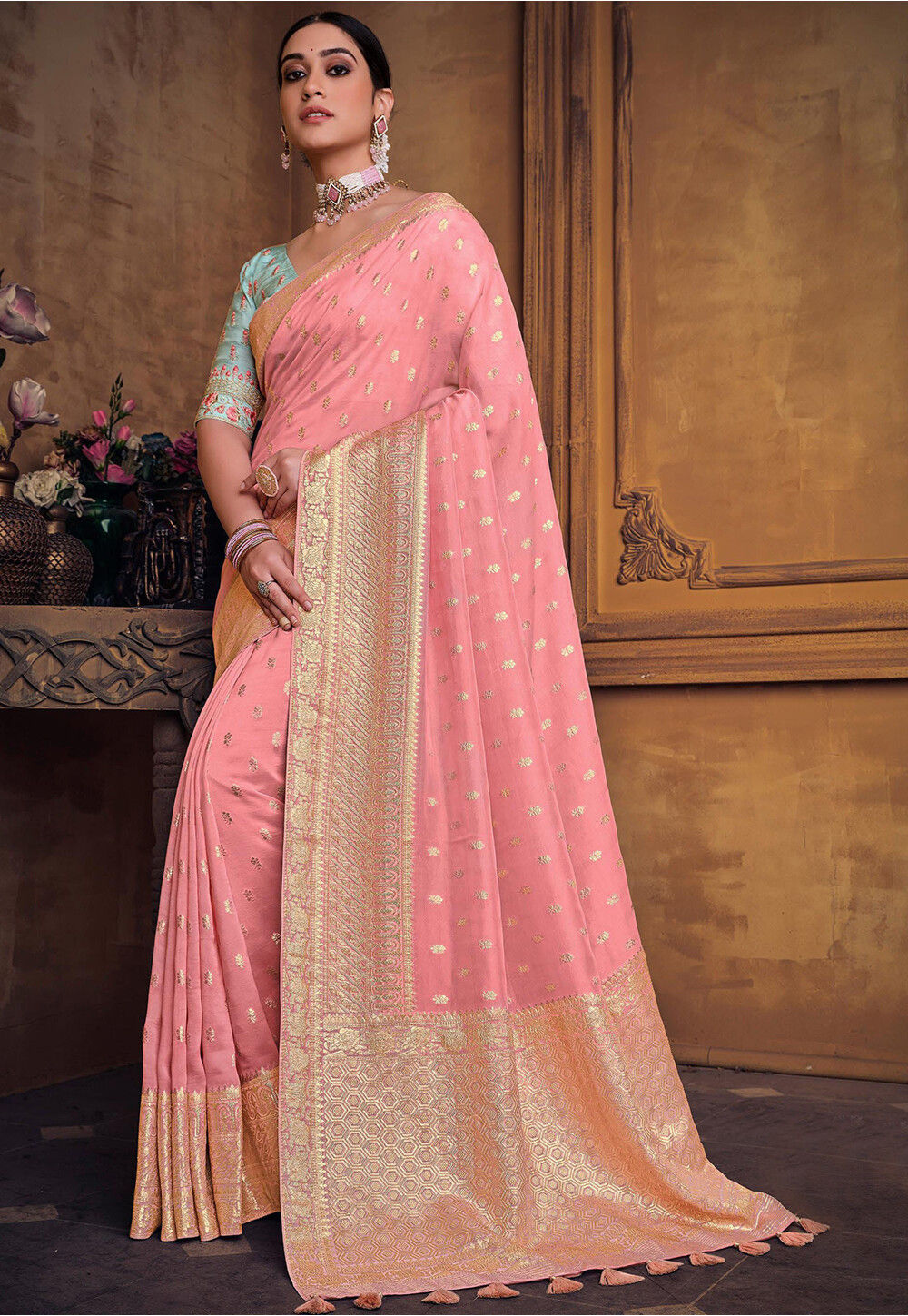 Embroidered Art Silk Saree In Pink SSEA304