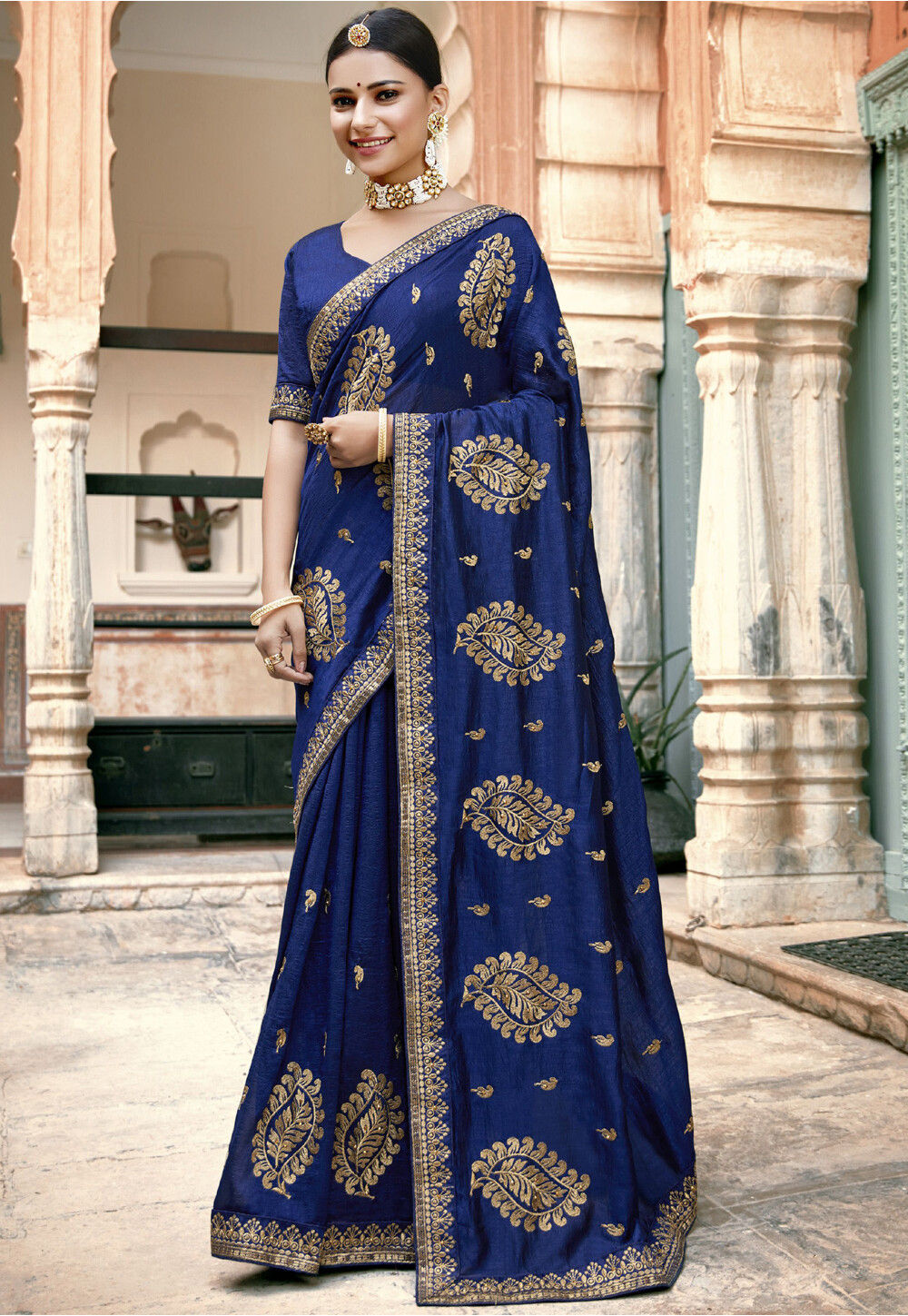 Embroidered Art Silk Saree in Royal Blue : SUF10359