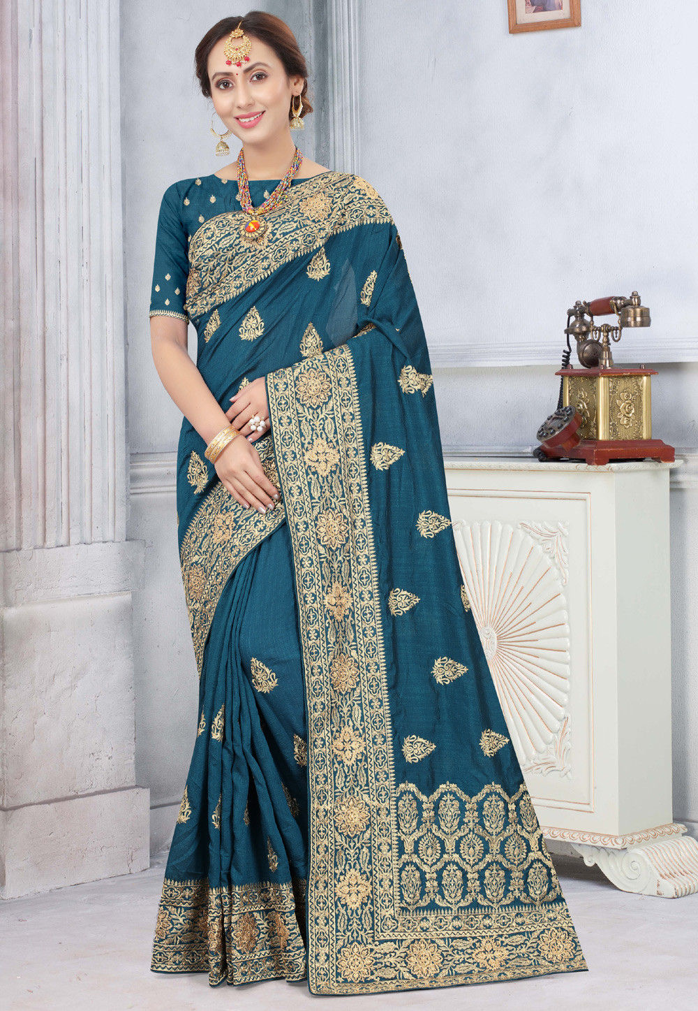 Embroidered Art Silk Saree in Teal Blue : SCBA2249