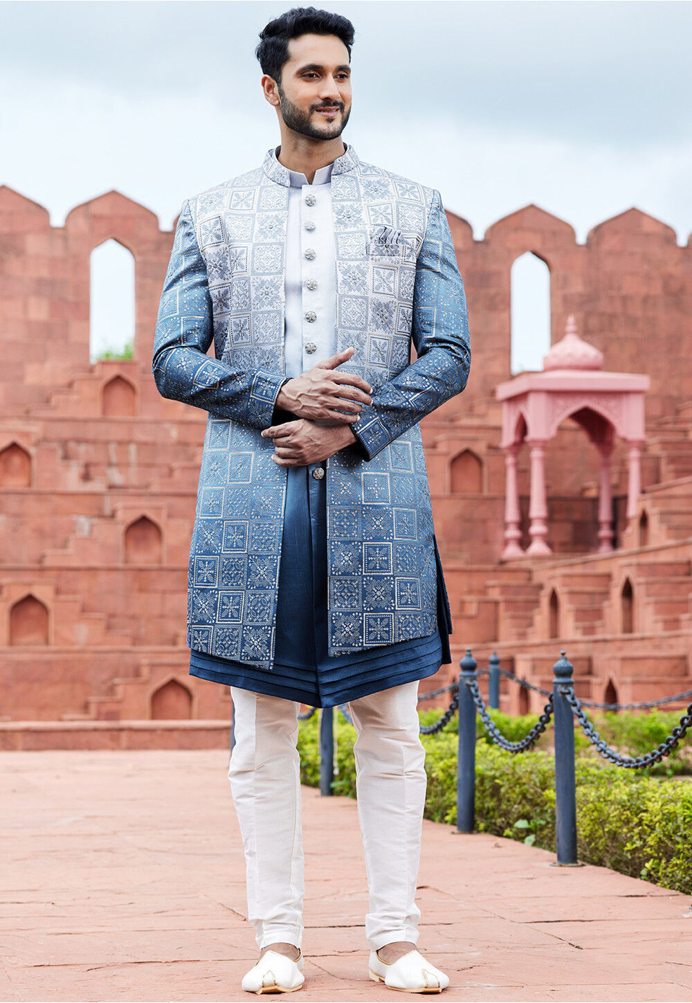 Embroidered Art Silk Sherwani in Blue Ombre MLY1715