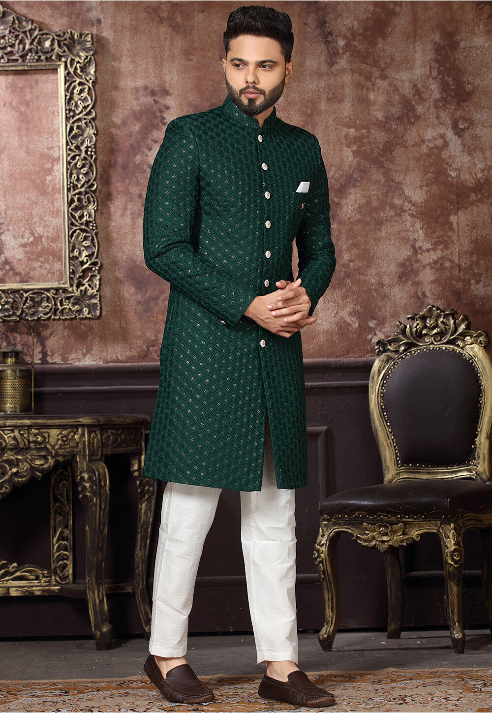Green sherwani for groom on sale