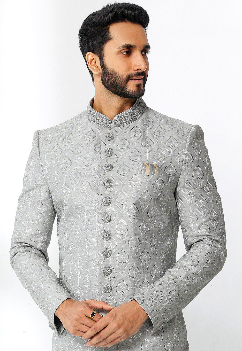 Gray Silk Embroidered Floral and Bird Pattern Sherwani