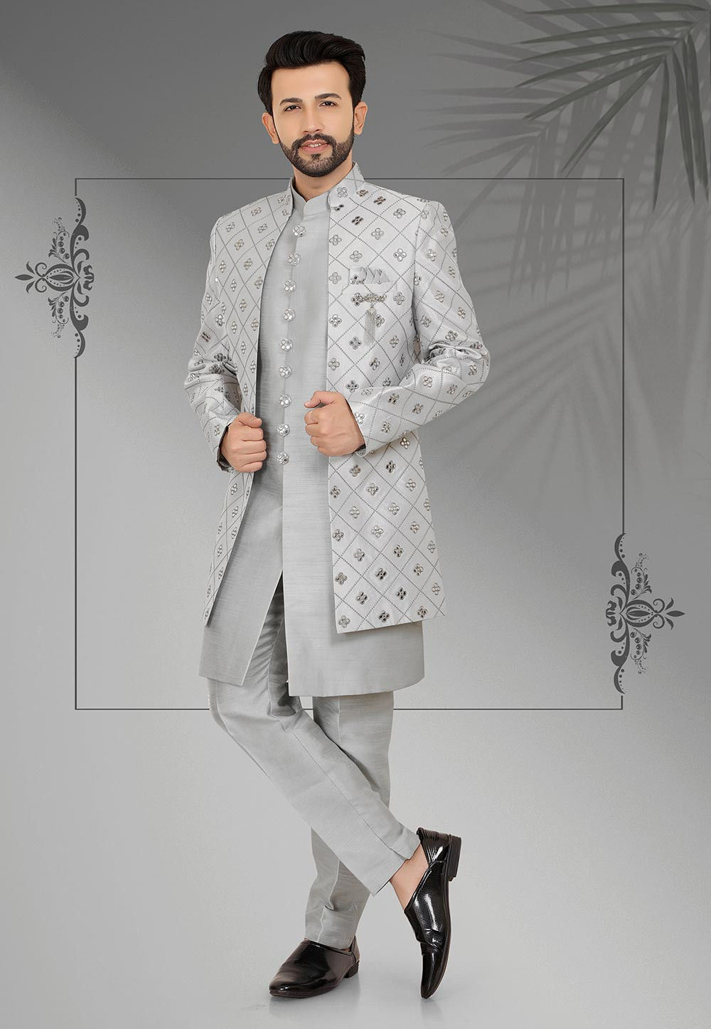 Buy Embroidered Art Silk Sherwani in Light Grey Online MYV991 Utsav Fashion