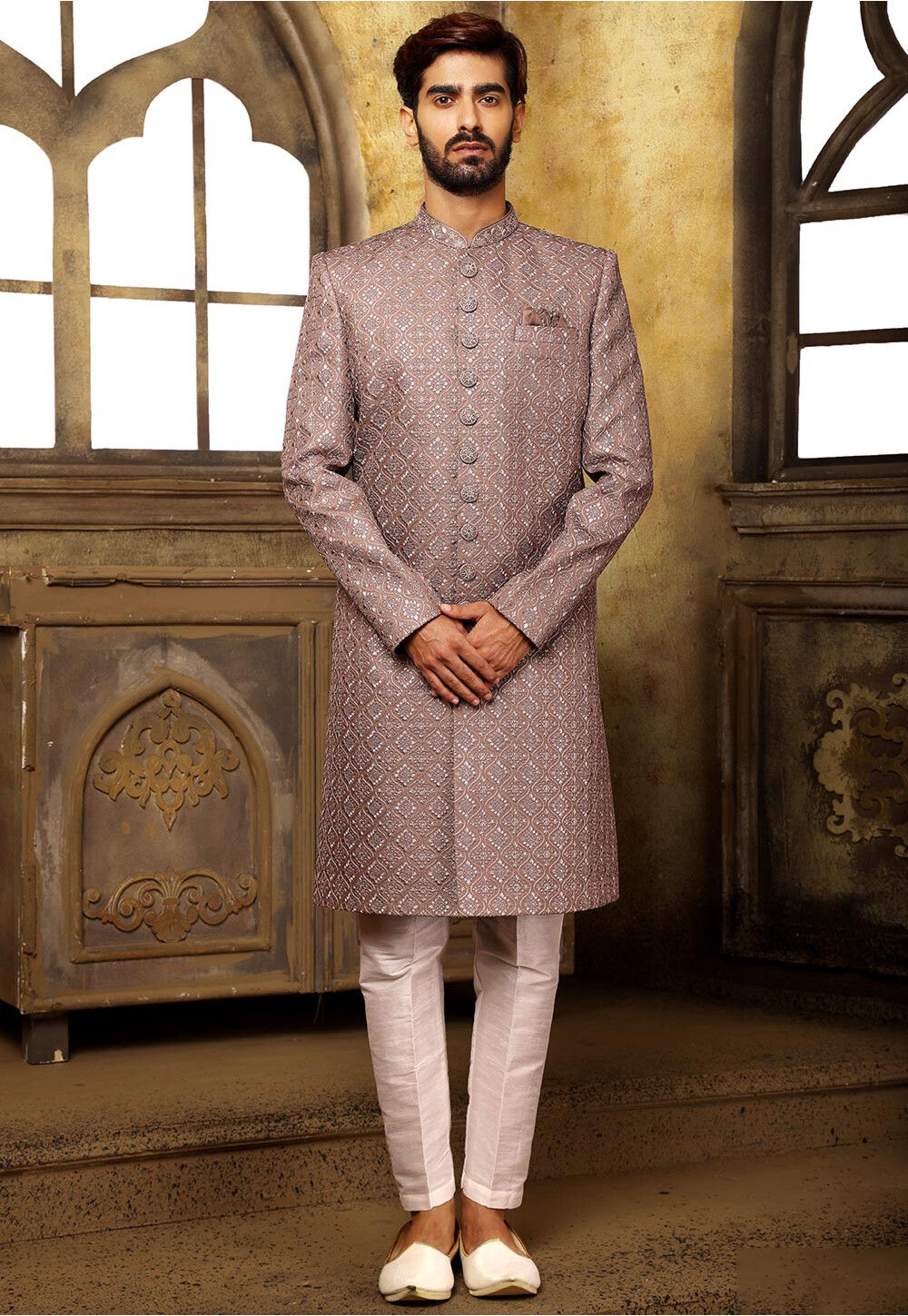 UtsavFashion Embroidered Art Silk Sherwani in Old Rose