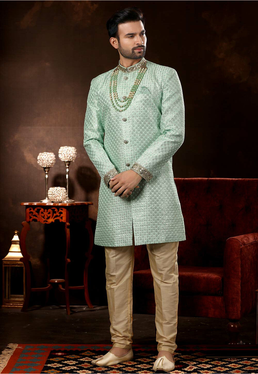 MC 607 Pastel Green Hand Work Sherwani main image 1