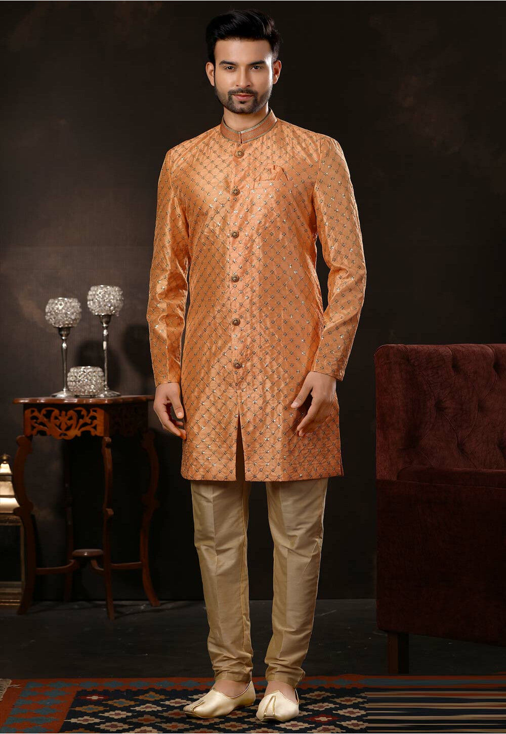 Buy Embroidered Art Silk Sherwani in Peach Online : MUX793 - Utsav Fashion