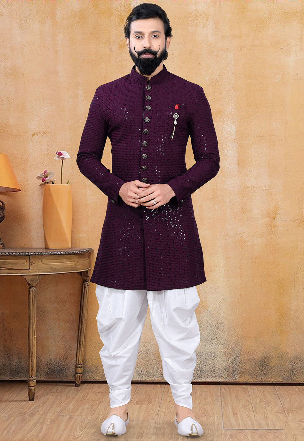 Buy Embroidered Art Silk Sherwani in Purple Online MUY449 Utsav Fashion