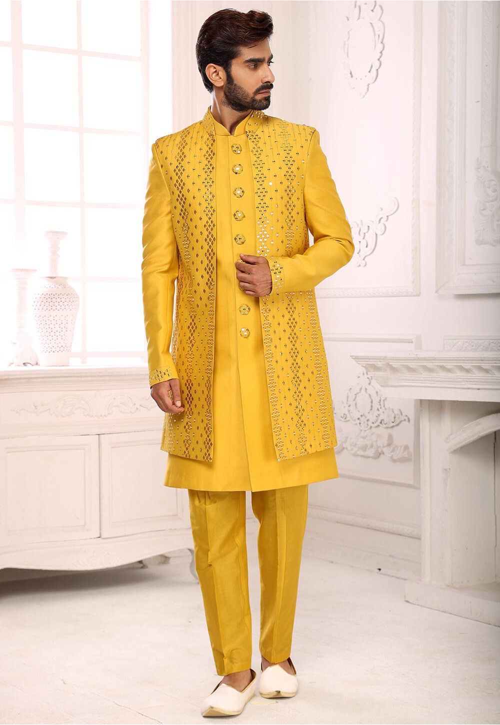 Buy Embroidered Art Silk Sherwani in Yellow Online MGV1571 Utsav Fashion