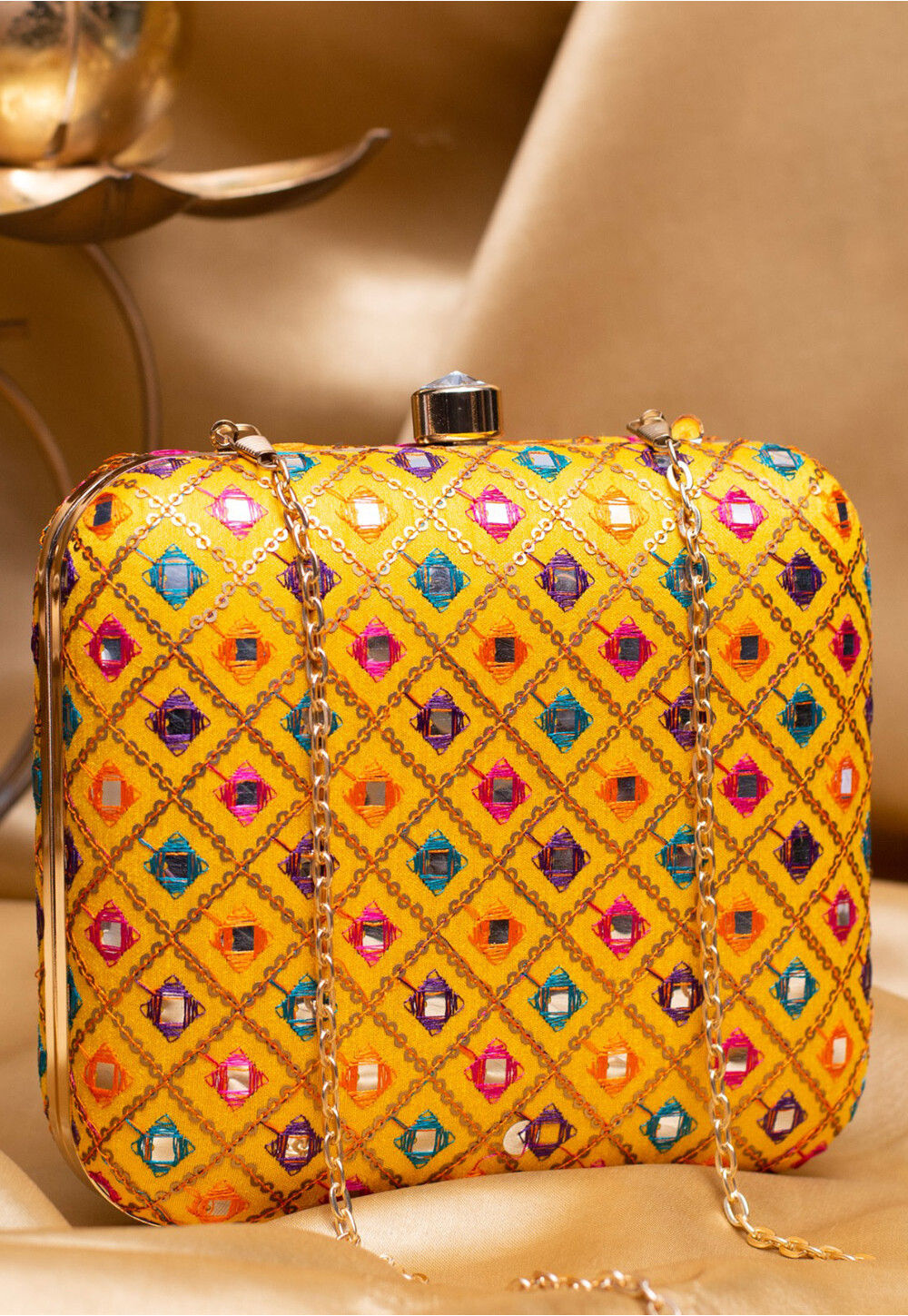 Silk Off White Mandala Design Square Clutch Bag