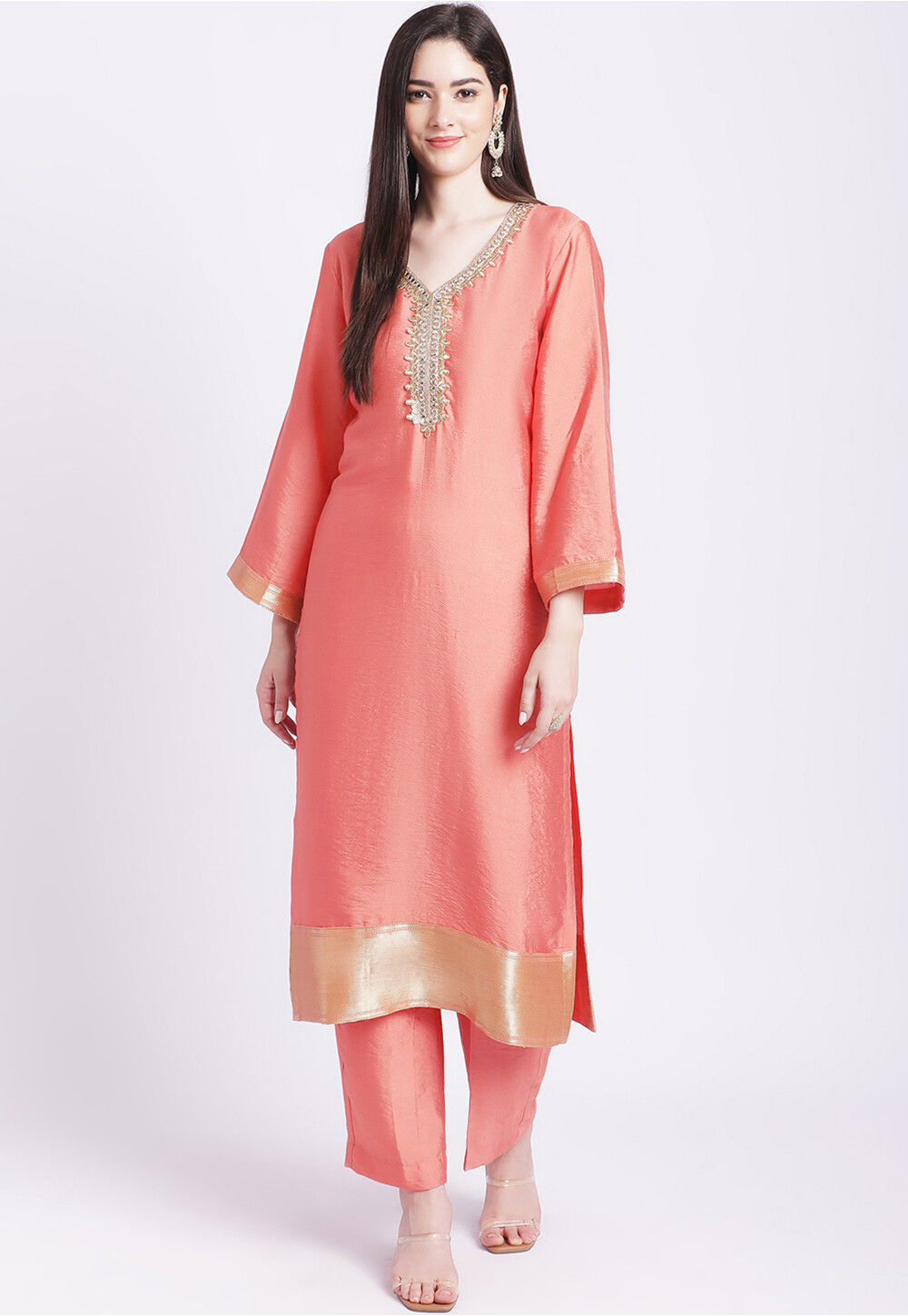 Buy Embroidered Art Silk Straight Kurta Set in Peach Online TBY440