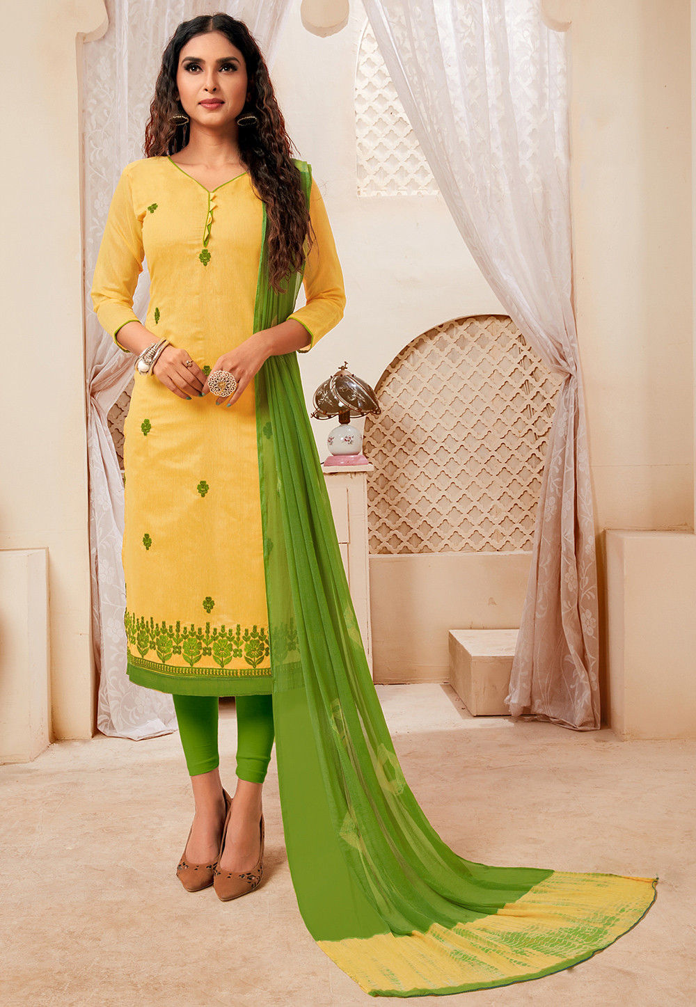 Embroidered Art Silk Straight Suit in Light Yellow KUF14602