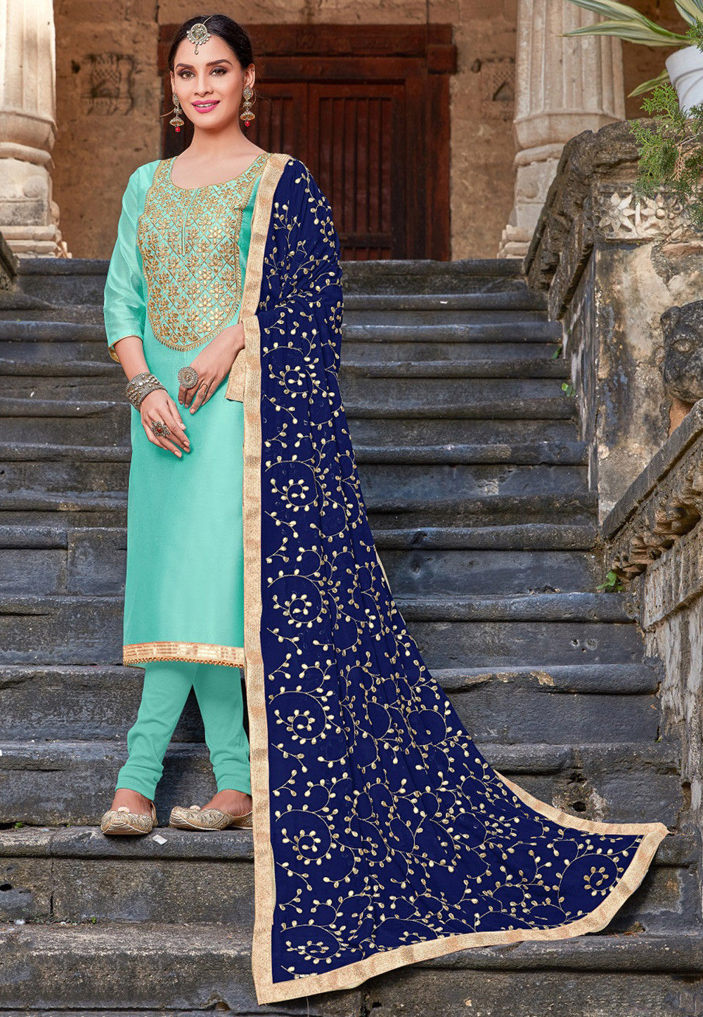 Coral Color Silk Multi-Colored Resham Embroidered Straight Suit
