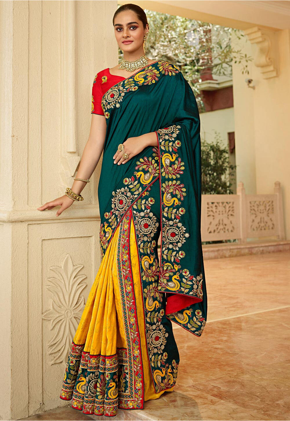 Embroidered Art Silk Two Part Saree in Green and Yellow : SYC11328
