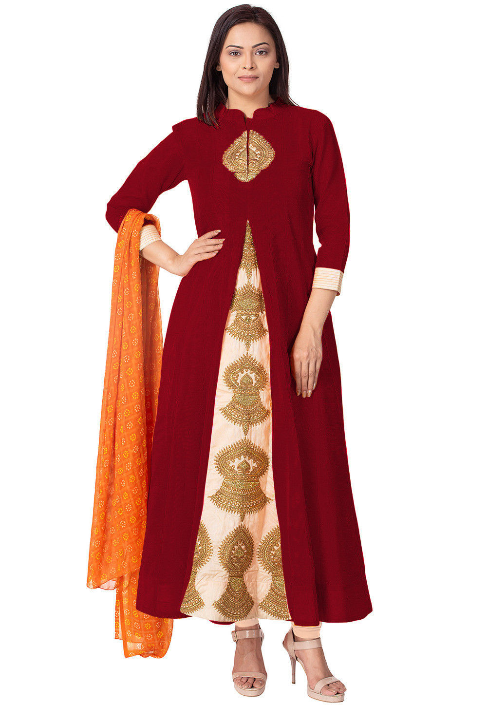 Embroidered Bhagalpuri Silk A Line Suit in Maroon and Beige : KUX237
