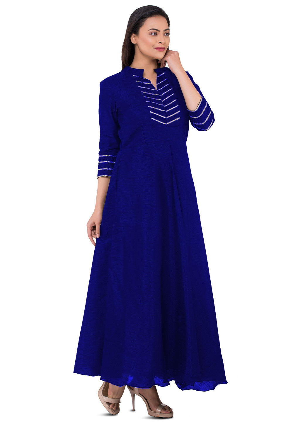 Buy Embroidered Bhagalpuri Silk Flared Kurta in Royal Blue Online