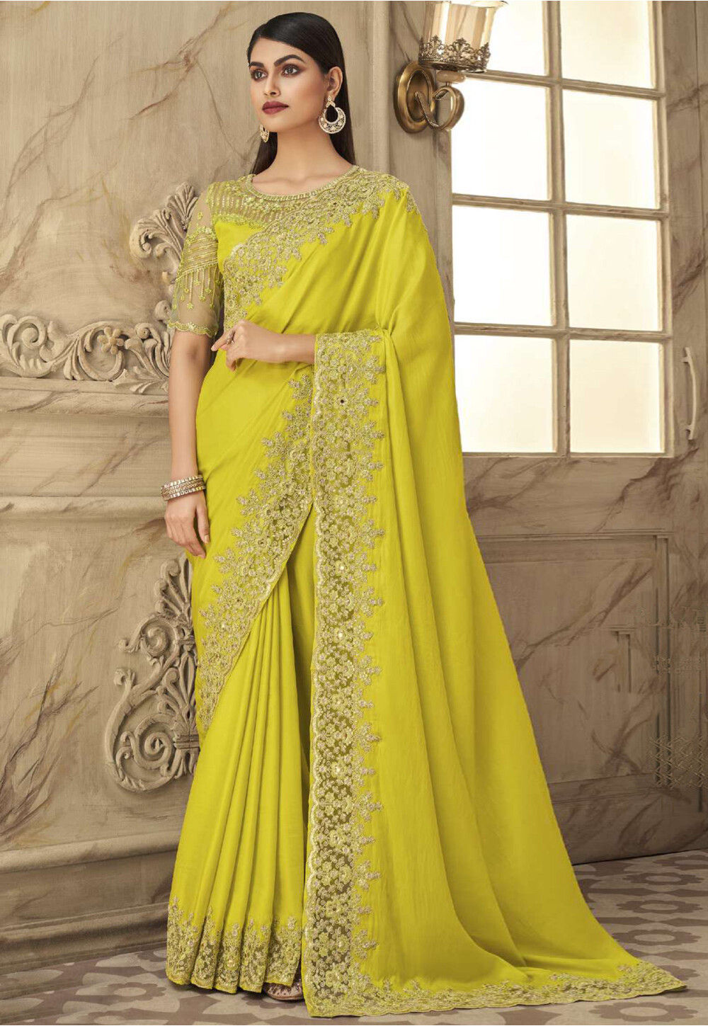 embroidered border art silk saree in neon green v1 suf10255