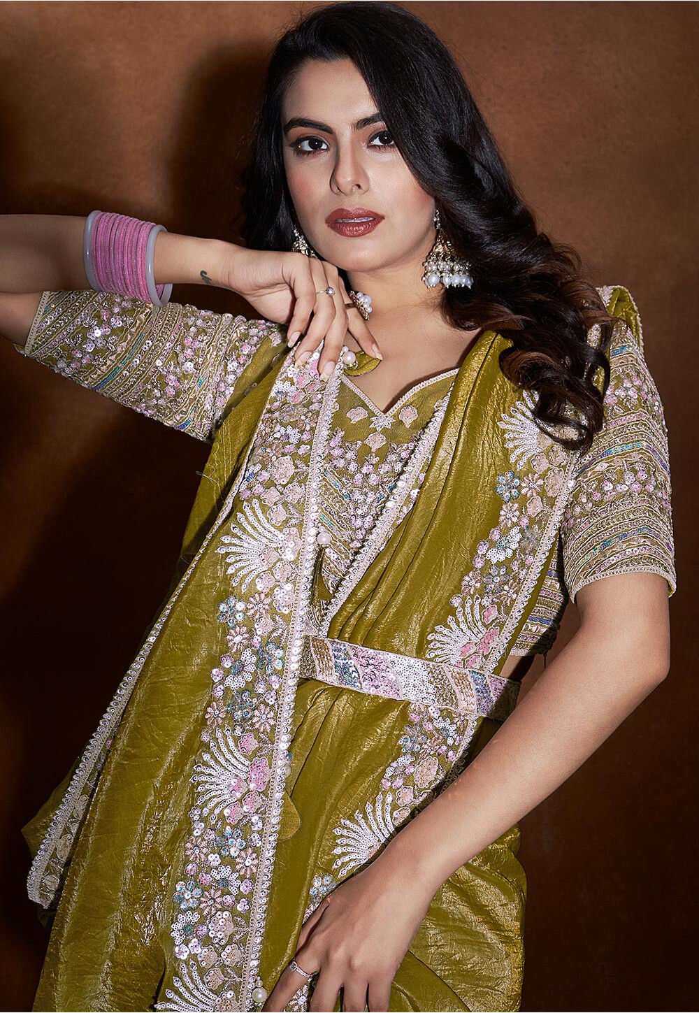 Olive Green Sequences Embellished Net Saree With Cutwork Border main image 0