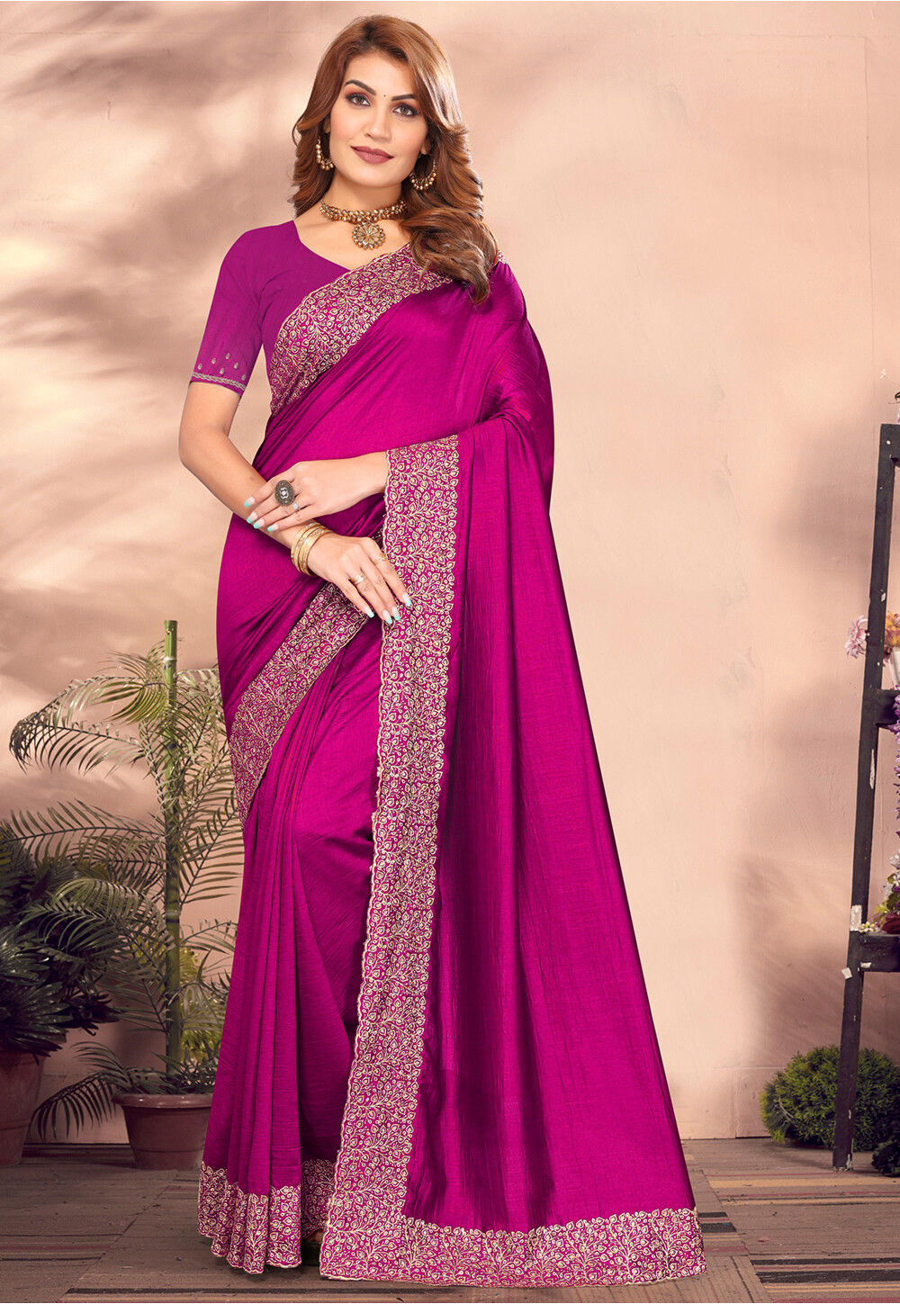 Brown stone and tube bead embroidered designer saree, scallop stone and kardana embroidered border main image 1