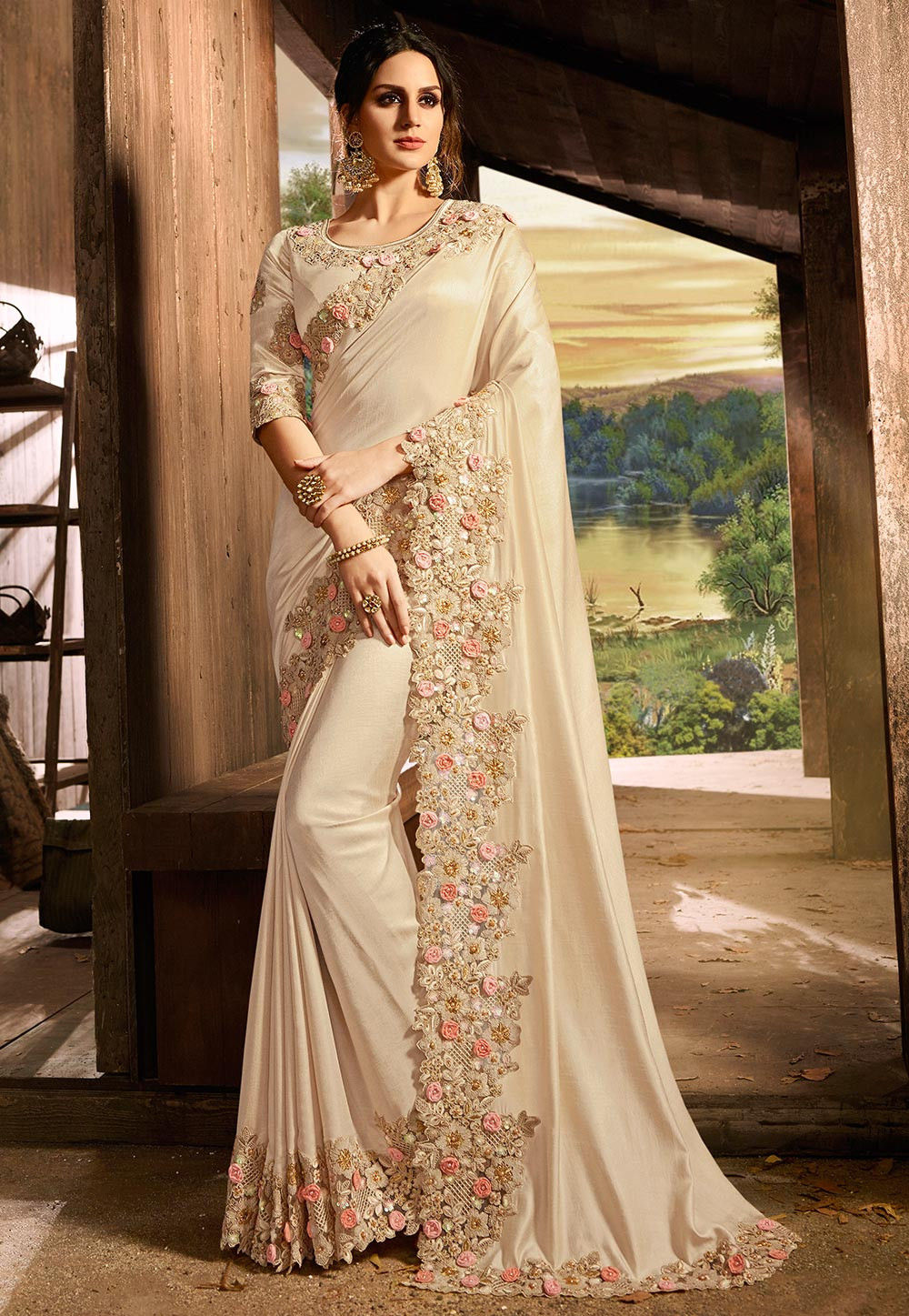 Buy Priyanka Raajiv Beige Silk Chanderi Saree Online | Aza Fashions