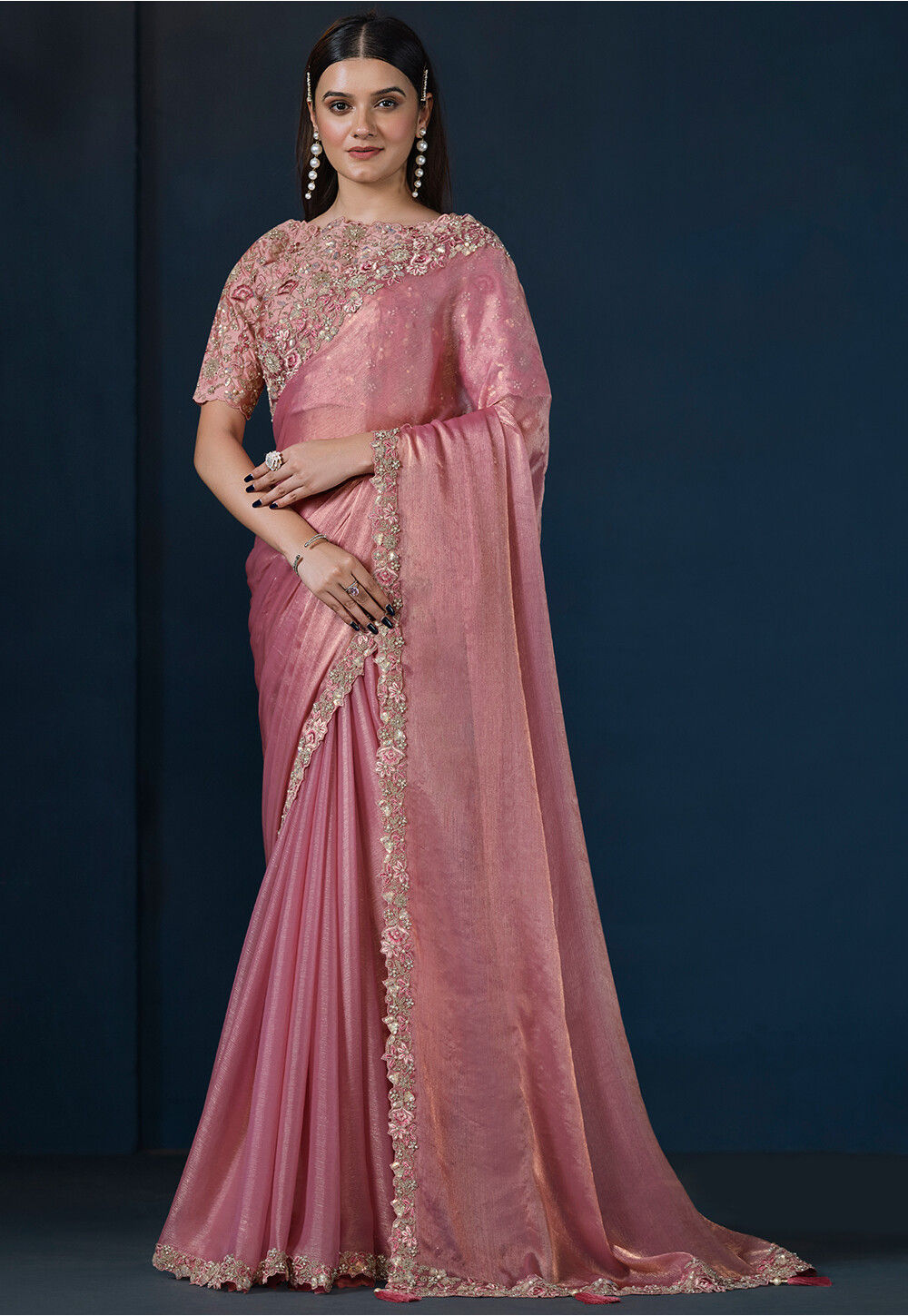 Pink Ombre Chiffon Saree with Embroidered Border and Blouse Fabric