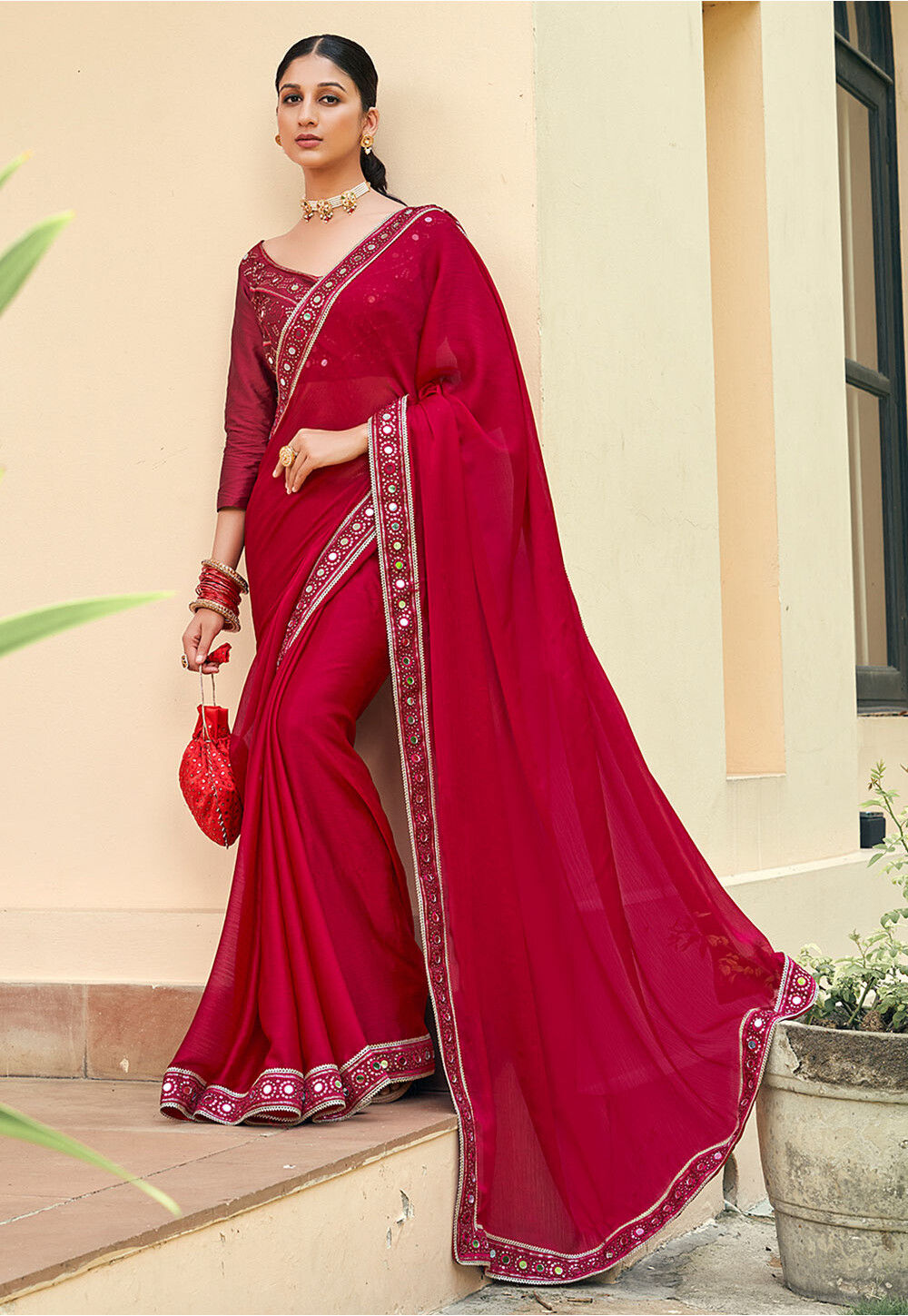 Karisma Kapoor Red Crepe Chiffon Saree -