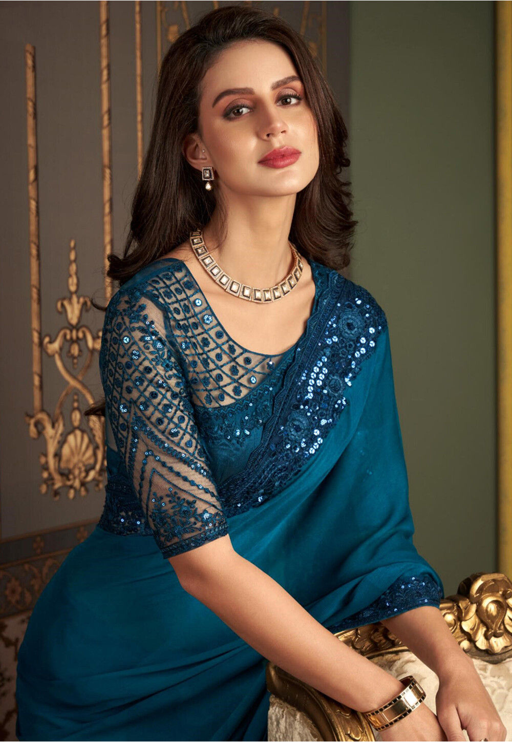 Buy Embroidered Border Chiffon Saree in Teal Blue Online : SYC11961 ...