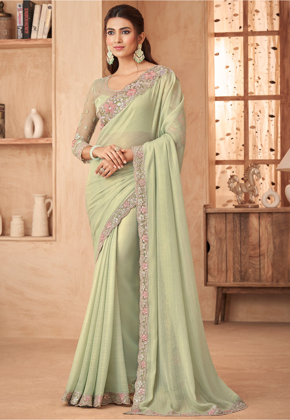 Buy Light Green Color Silk Crepe Fabric Saree with Stone Work Online -  SREV2800 | Appelle Fashion