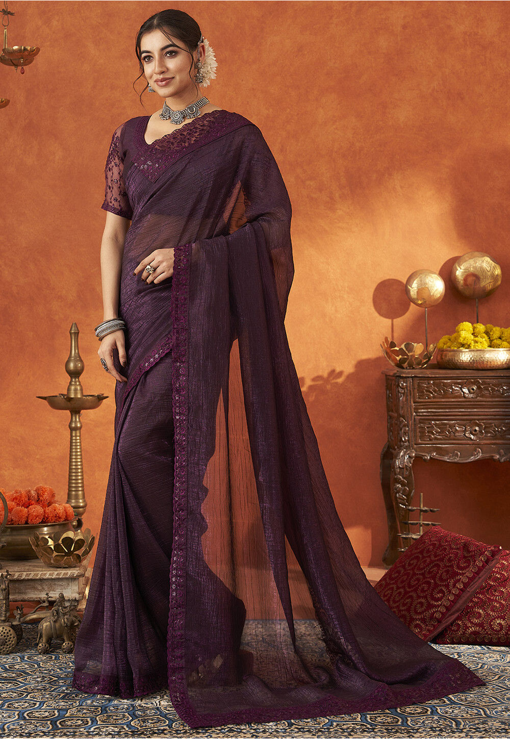 Burnt Copper Shimmer Saree with Silver Thread Embroidered Butis & Scalloped Border