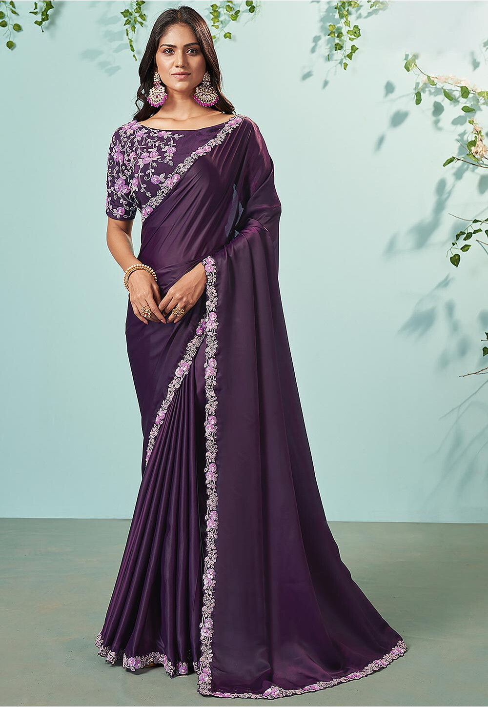 Embroidered Shimmer Georgette Silk Partywear Traditional Saree In Purp –  Saundaryam Fashions