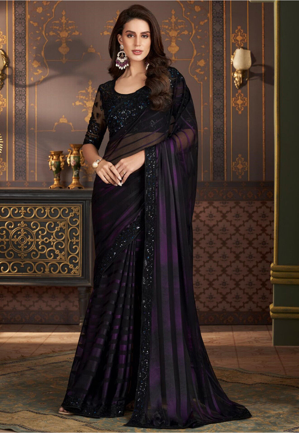 Floral Embroidered Saree with Unstitched Blouse