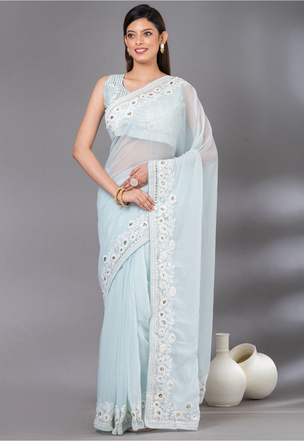 Blue Saree with Embroidered border
